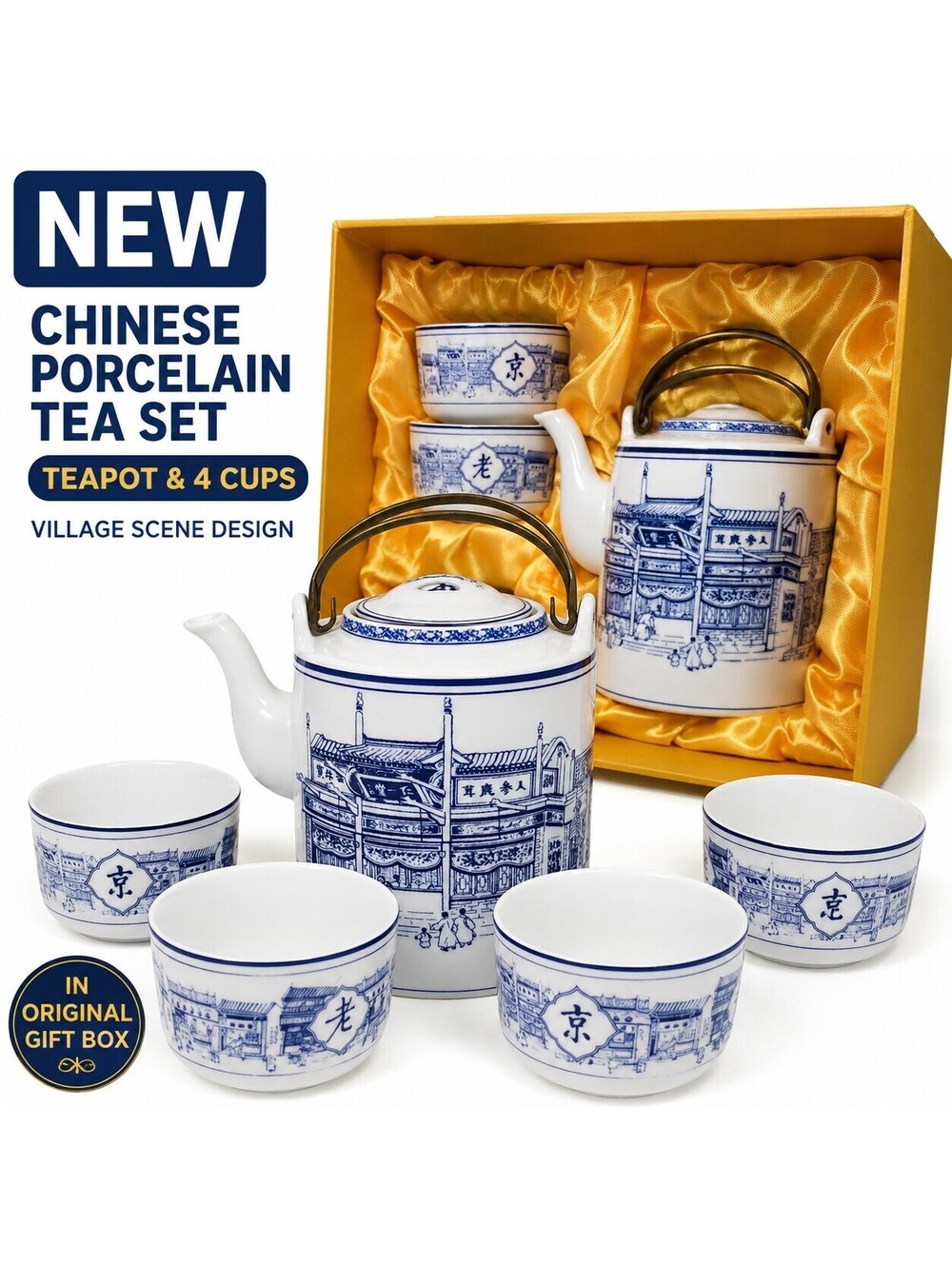 NEW Chinese Blue White Porcelain Tea Set Teapot & 4 Cups Village Scene w/ Box